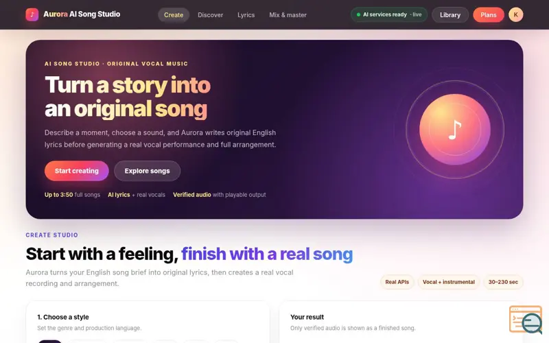 Screenshot of Aurora AI Song Studio