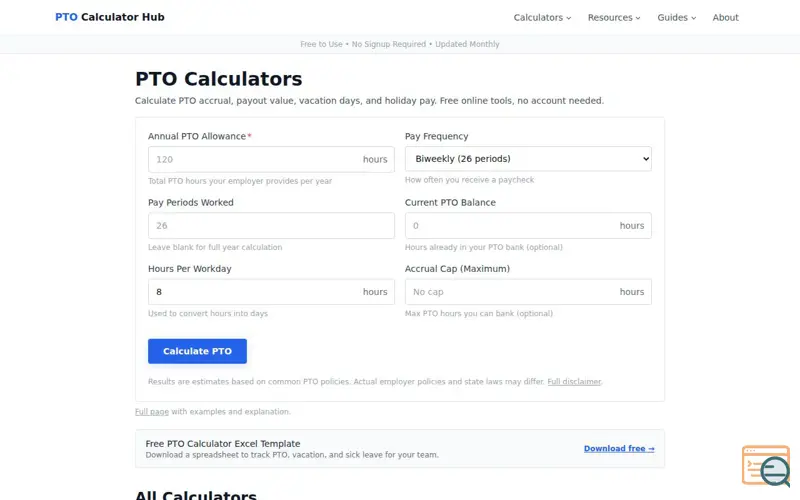 Screenshot of PTO Calculator Hub