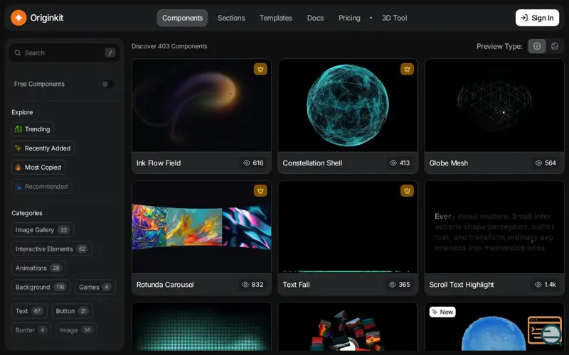 Screenshot of Originkit — Free Animated component library for modern websites