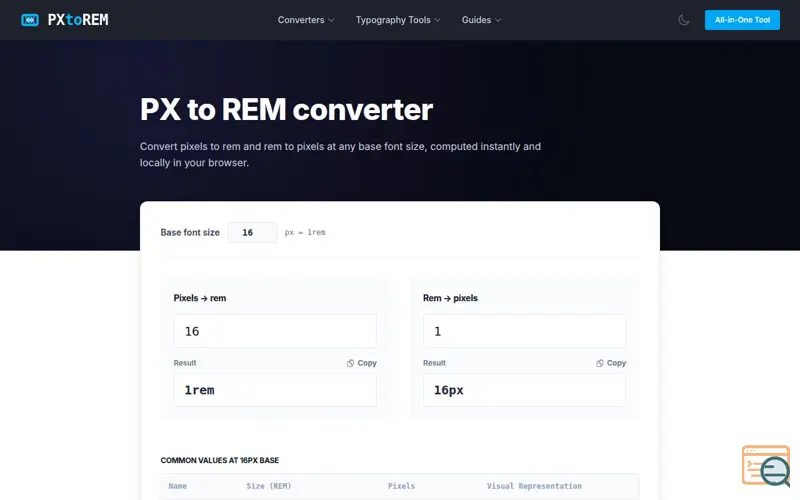 Screenshot of PX to REM converter