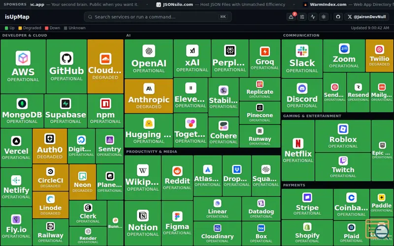 Screenshot of isUpMap.com, a launch using DuckDuckGo