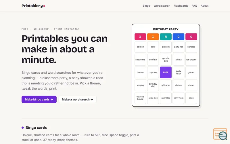 Screenshot of Printablery — Free Printable Bingo Cards & Word Searches
