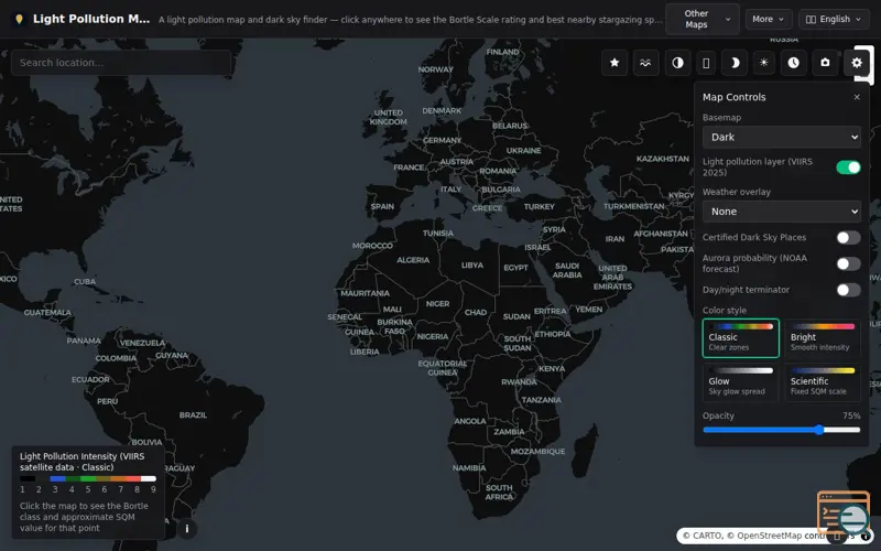 Screenshot of Light Pollution Map – Bortle Scale & Dark Sky Finder