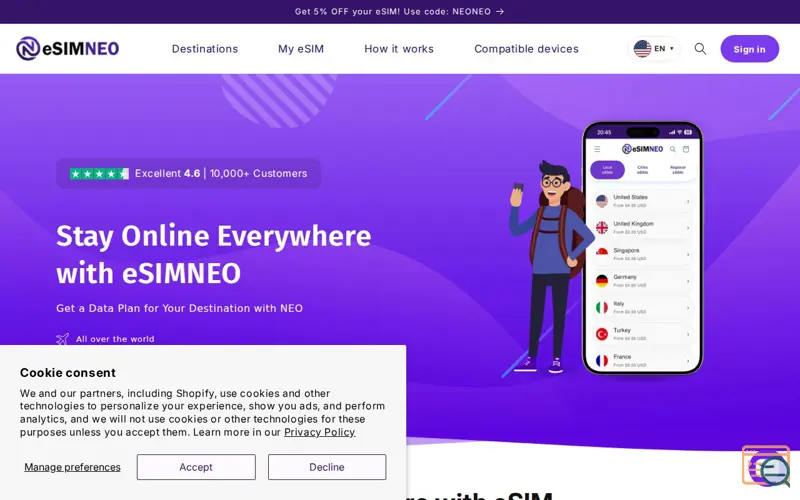 Screenshot of eSIM Neo, a launch using EComposer