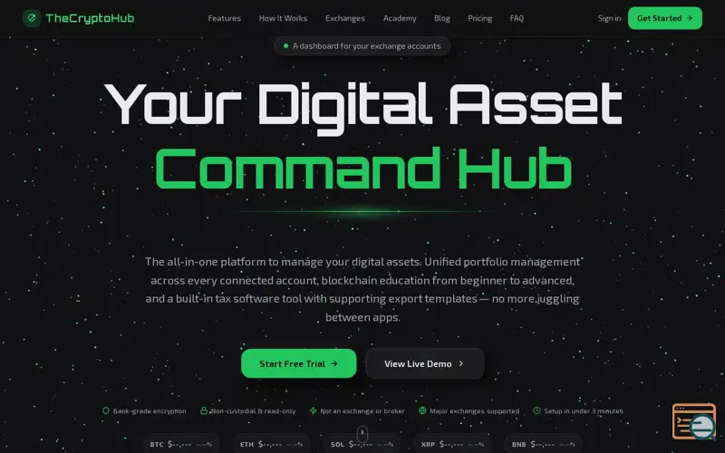 Screenshot of The Crypto Hub, a launch using tsParticles