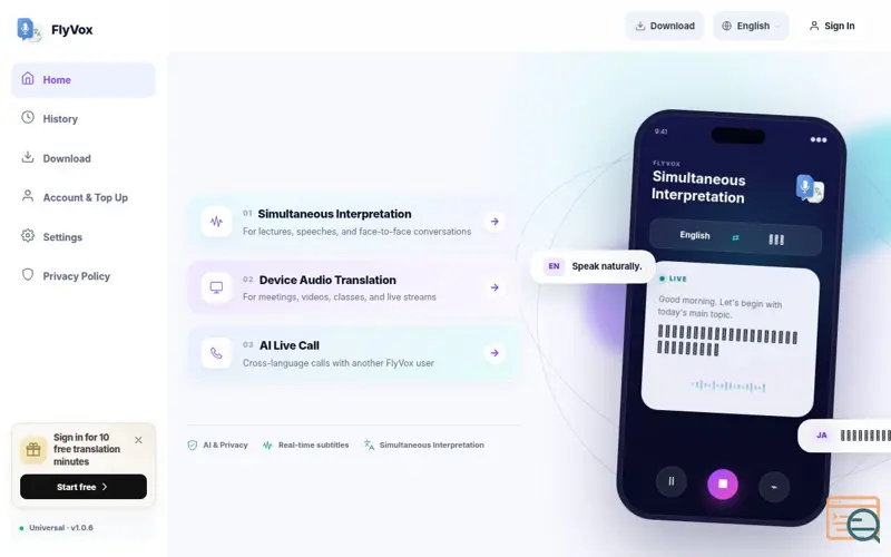Screenshot of FlyVox: AI Live Translator