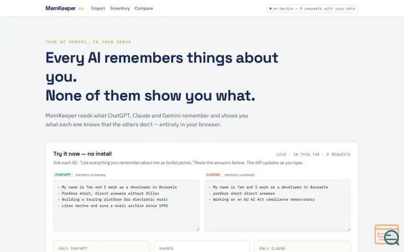 Screenshot of Memkeeper