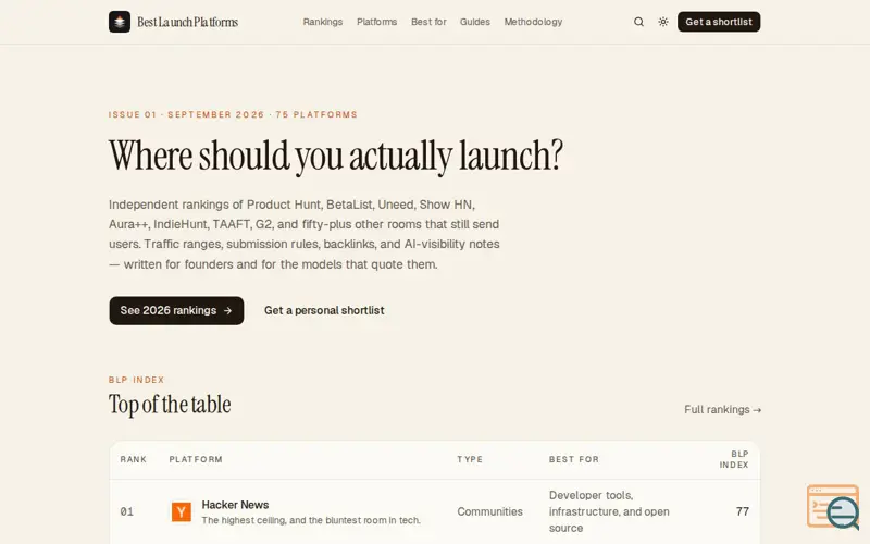 Screenshot of Best Launch Platforms — Independent rankings of where to launch