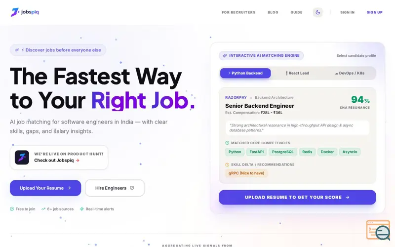 Screenshot of Jobspiq | AI Job Matching for Indian Software Engineers
