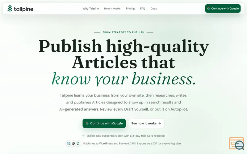 Screenshot of Tallpine | Search-Informed Articles You Approve