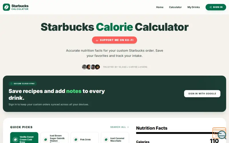 Screenshot of Starbucks Calorie Calculator, a launch using Instant.page