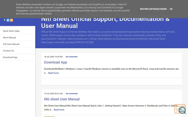 Screenshot of Niti sheet, a launch using Blogger