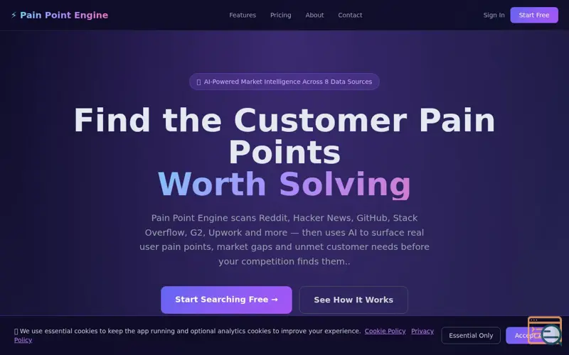 Screenshot of Pain Point Engine Market Gaps Research, a launch using EmailOwl