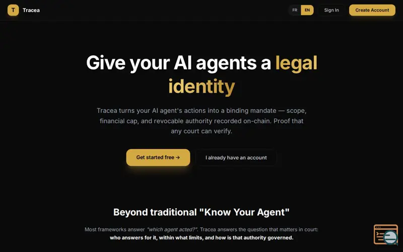 Screenshot of Tracea — AI Agent Legal Identity
