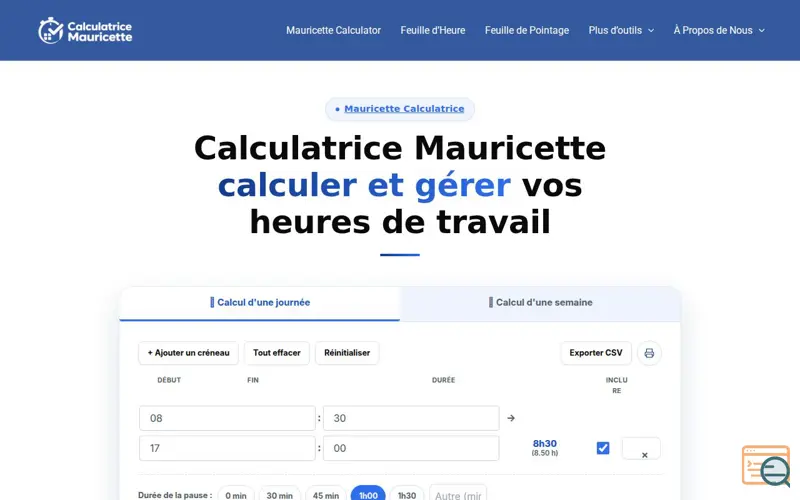 Screenshot of Calculatrice Mauricette Gratuite 2026: calculer Gérez vos heures de travail