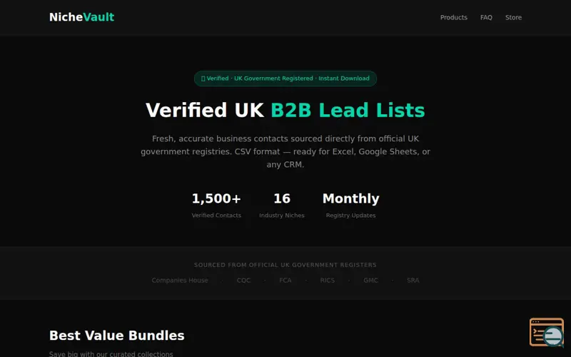 Screenshot of NicheVault — Verified UK B2B Lead Lists