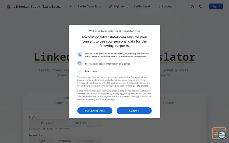 Screenshot of Linkedin Speak Translator
