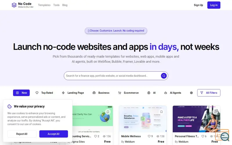 Screenshot of No Code Website Builder, a launch using Webflow