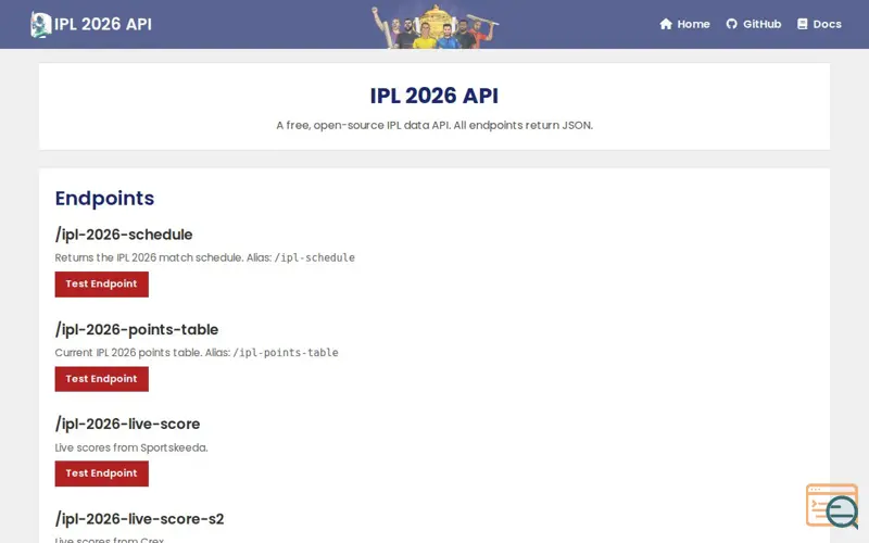 Screenshot of IPL 2026 Live Scores API