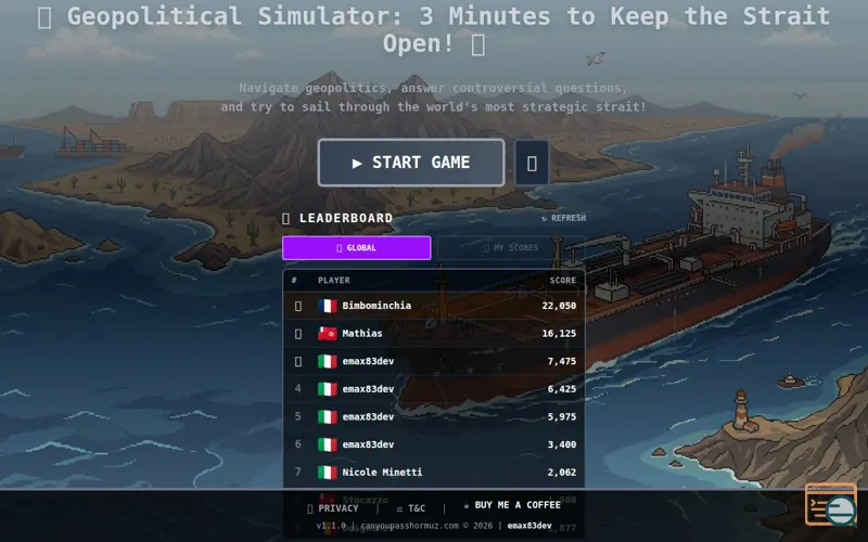Screenshot of Can You Pass Hormuz?, a launch using Register.it
