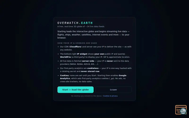 Screenshot of overwatch.earth — watch the planet live