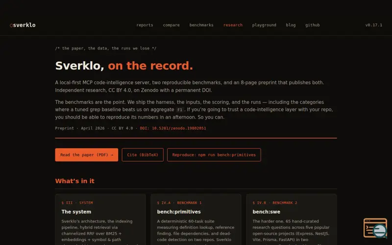 Screenshot of Sverklo, a launch using DevHunt