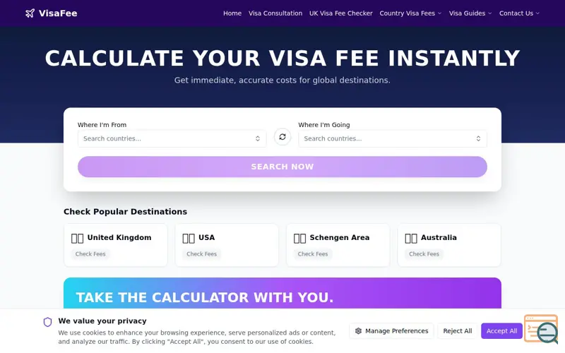 Screenshot of VisaFee, a launch using ipapi