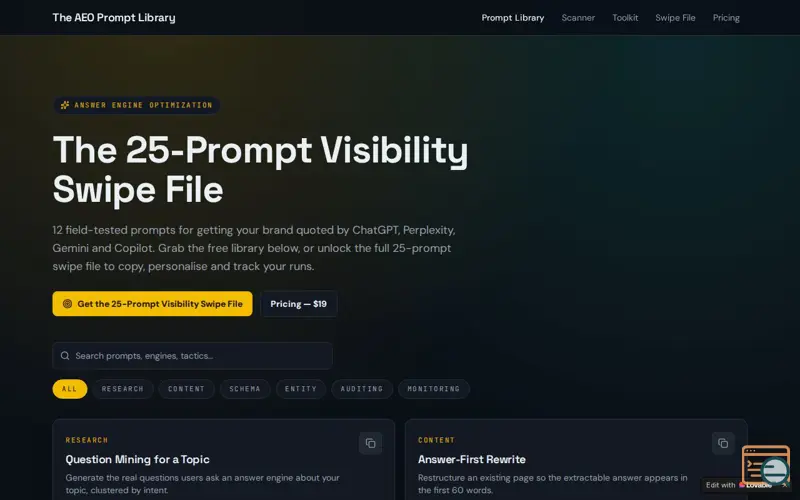 Screenshot of The AEO Prompt Library