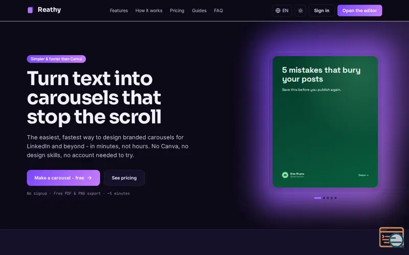 Screenshot of Reathy - Free LinkedIn Carousel Generator (PDF & PNG)