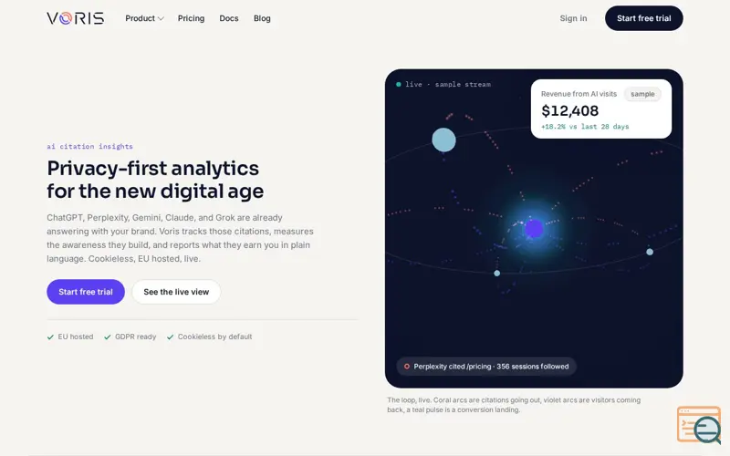 Screenshot of Voris: privacy-first analytics for the AI-influenced web