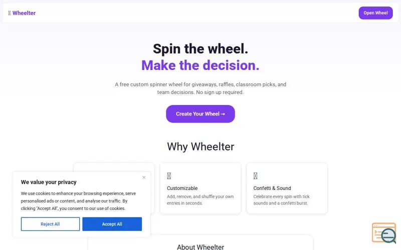 Screenshot of Wheelter, a launch using GeneratePress