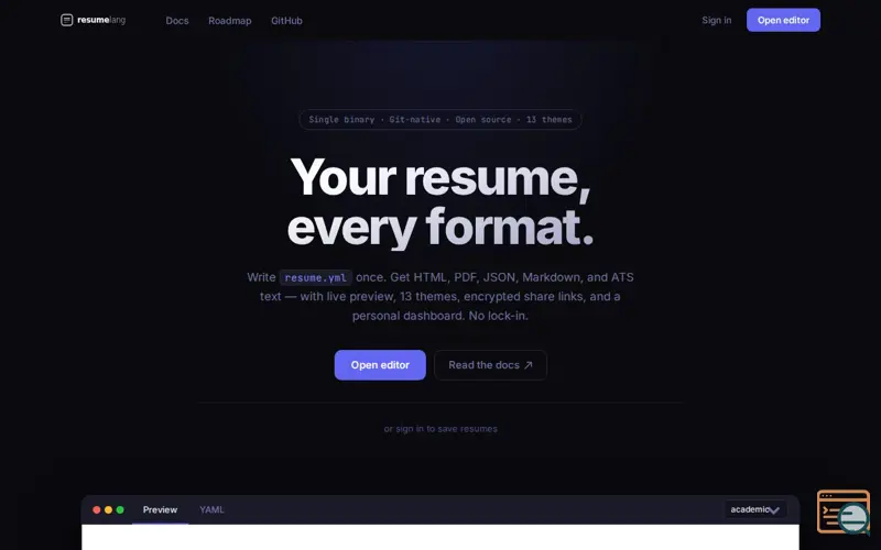 Screenshot of resumelang, one resume.yml, every output