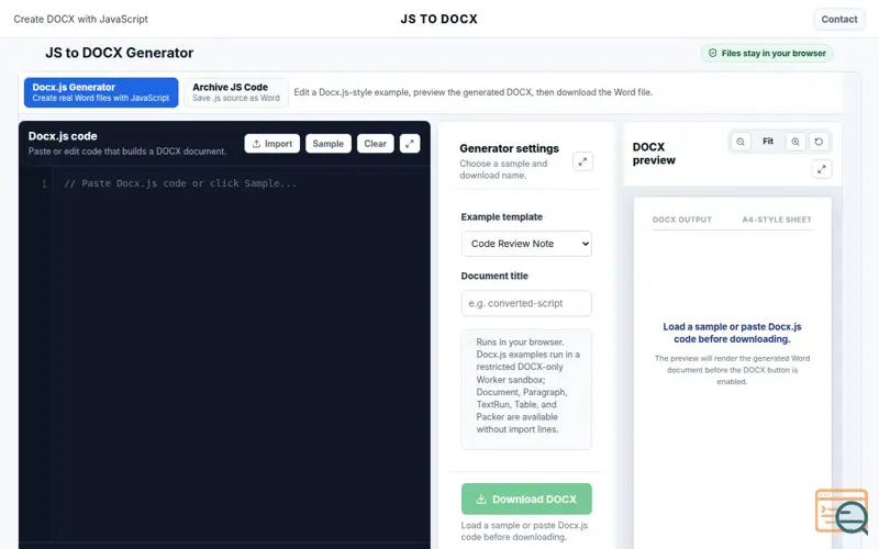 Screenshot of JS to DOCX Converter