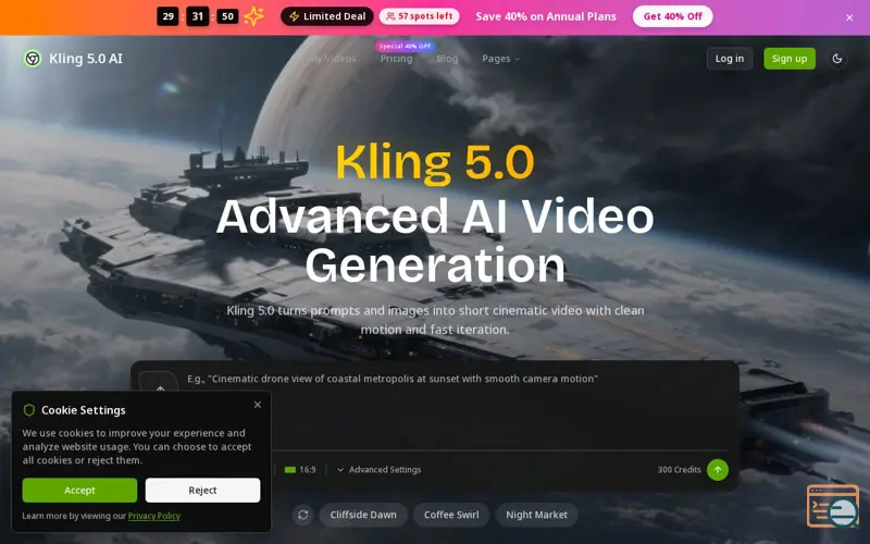 Screenshot of Kling 5.0 AI , a launch using Krea AI