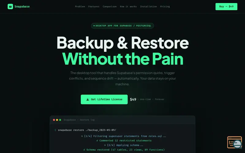 Screenshot of Snapabase — Supabase Backup & Restore