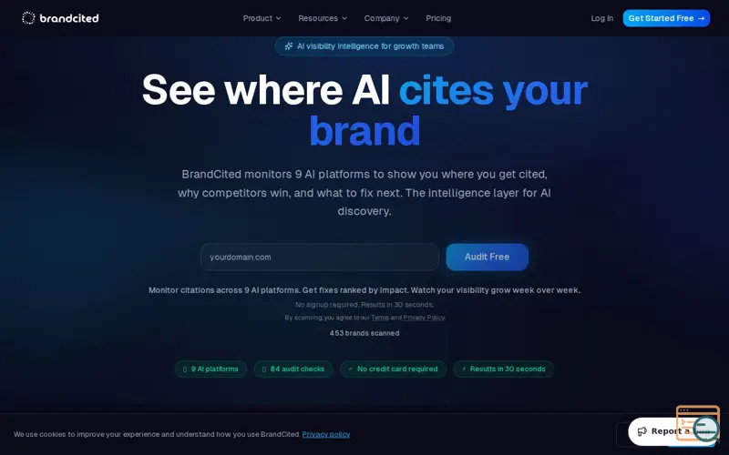 Screenshot of BrandCited, a launch using Logo.dev