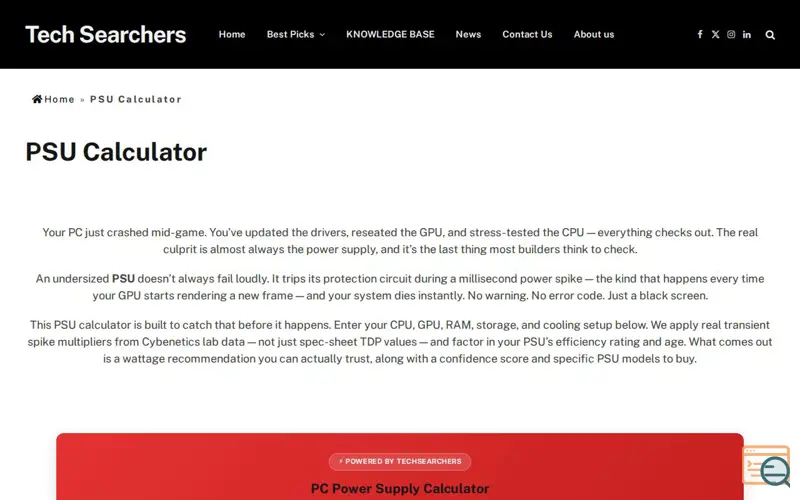 Screenshot of PSU Calculator by TechSearchers, a launch using CleanNameservers