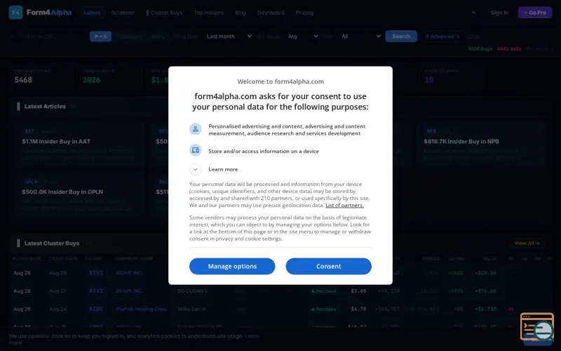 Screenshot of Form4Alpha — Insider Trading Alerts
