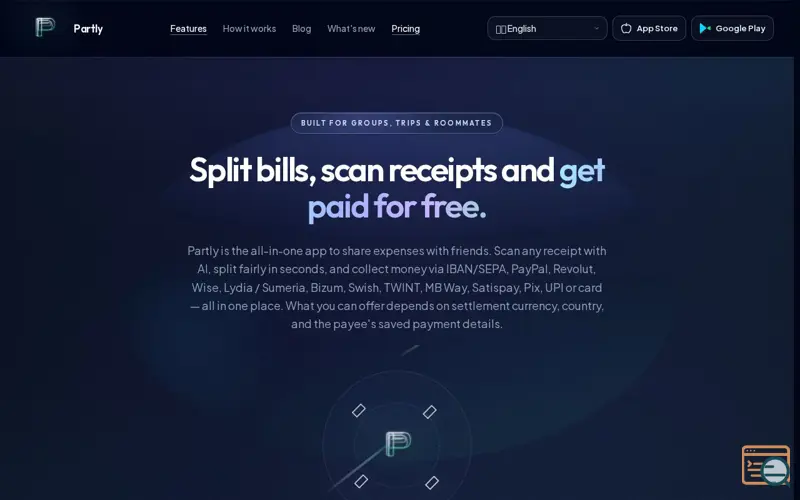 Screenshot of Partly — Split expenses with friends, a launch using Firebase Hosting