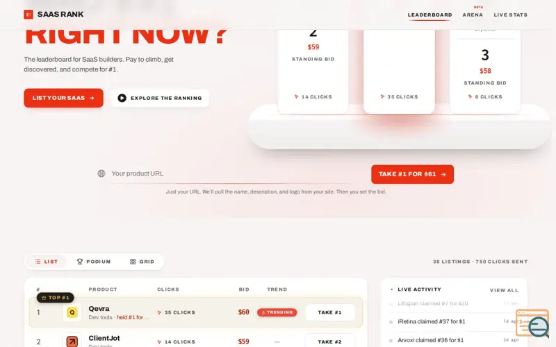 Screenshot of SaaS Rank, a launch using Nick Launches