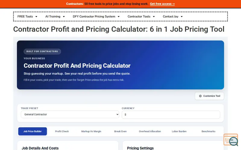 Screenshot of Contractor Profit and Pricing Calculator