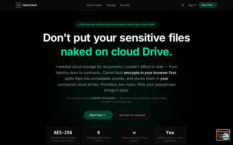 Screenshot of CipherVault — Encrypt before you upload