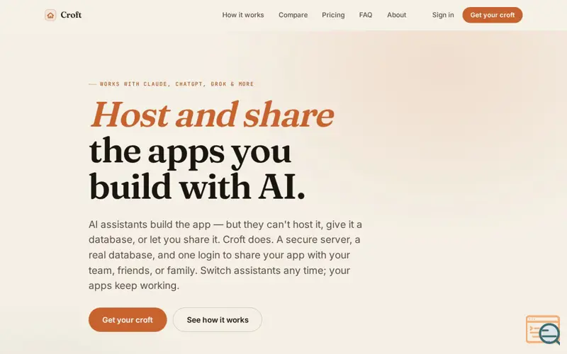 Screenshot of Croft — A home for the apps you build with AI.