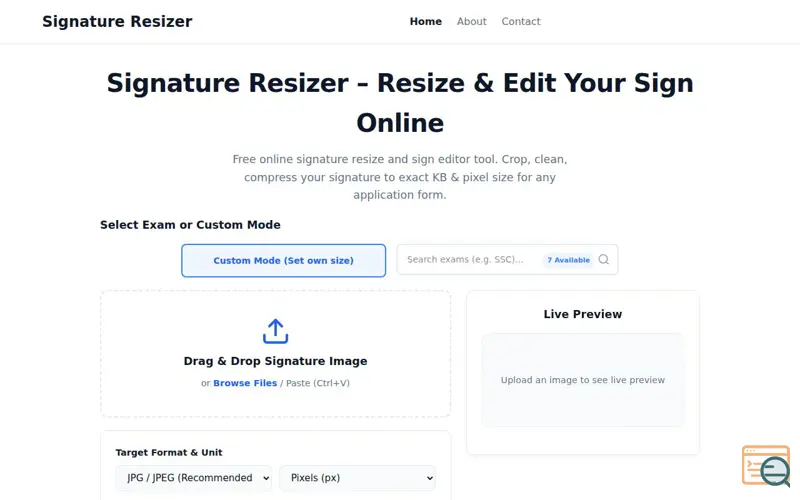 Screenshot of Signature Resizer - Compress to 10-20KB, 140x60px for Govt Exams, a launch using UniteList