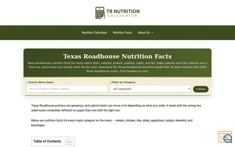 Screenshot of Texas Roadhouse Calorie Counter