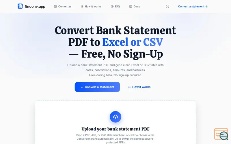 Screenshot of Bank Statement PDF to Excel Converter | Free CSV Export