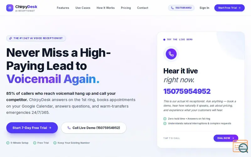 Screenshot of ChirpyDesk | 24/7 AI Voice Receptionist & Phone Answering Service
