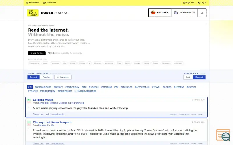 Screenshot of Boredreading, a launch using Counter.dev