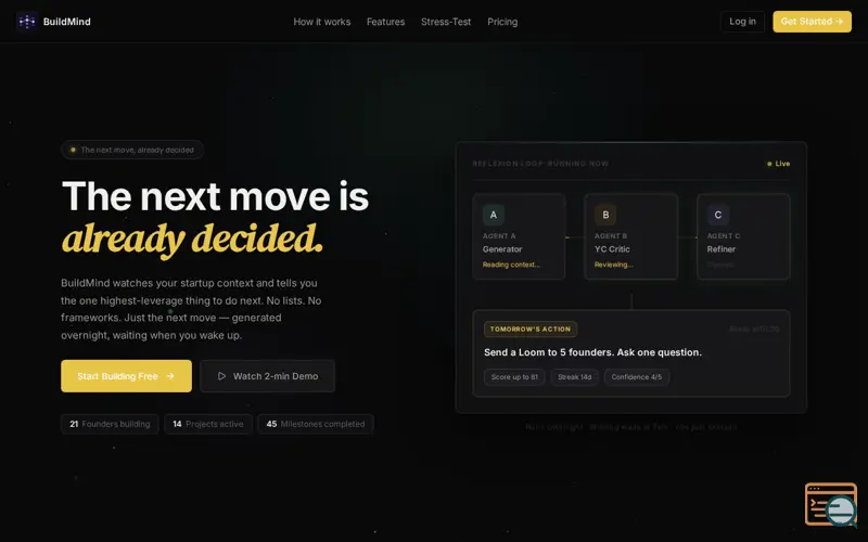 Screenshot of BuildMind, a launch using Name.com Email