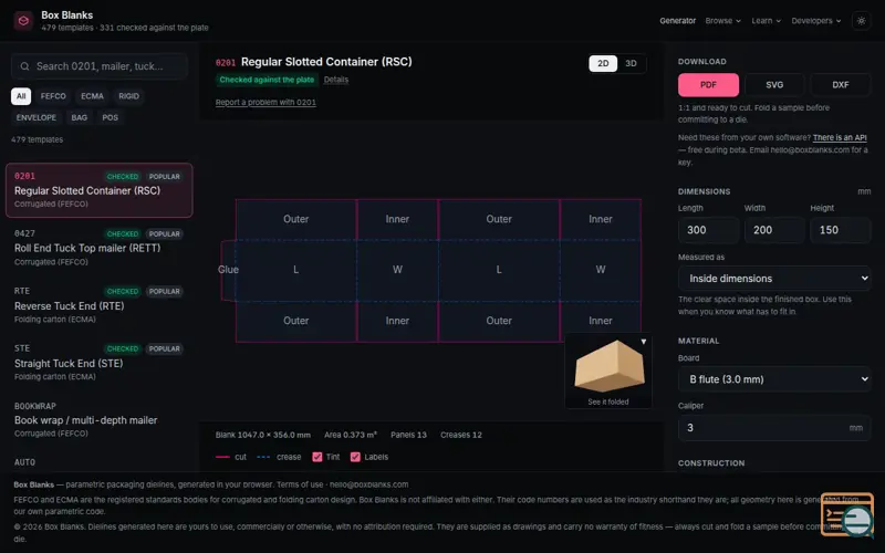 Screenshot of Box Blanks — free packaging dieline generator